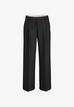 Zwarte, op maat gemaakte rechte broek met riemlussen en voorvouwen, weergegeven op een effen witte achtergrond.