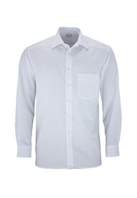Witte lange mouwen blouse met een enkele borstzak, klassieke kraag en een gladde textuur. Heeft een gestroomlijnd ontwerp en een knoopsluiting.