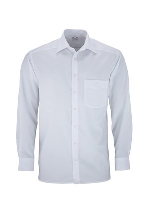 White long-sleeve button-up shirt with a single chest pocket, classic collar, and smooth texture. Features a streamlined design and button placket.