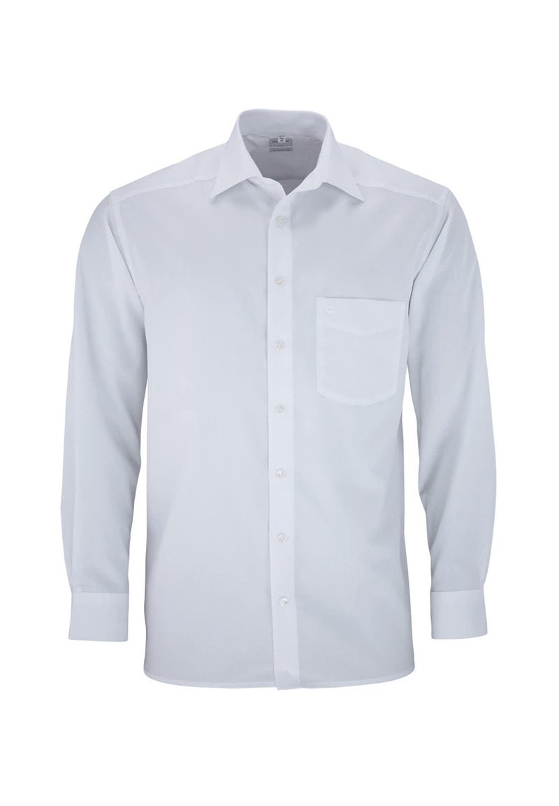 Witte lange mouwen blouse met een enkele borstzak, klassieke kraag en een gladde textuur. Heeft een gestroomlijnd ontwerp en een knoopsluiting.