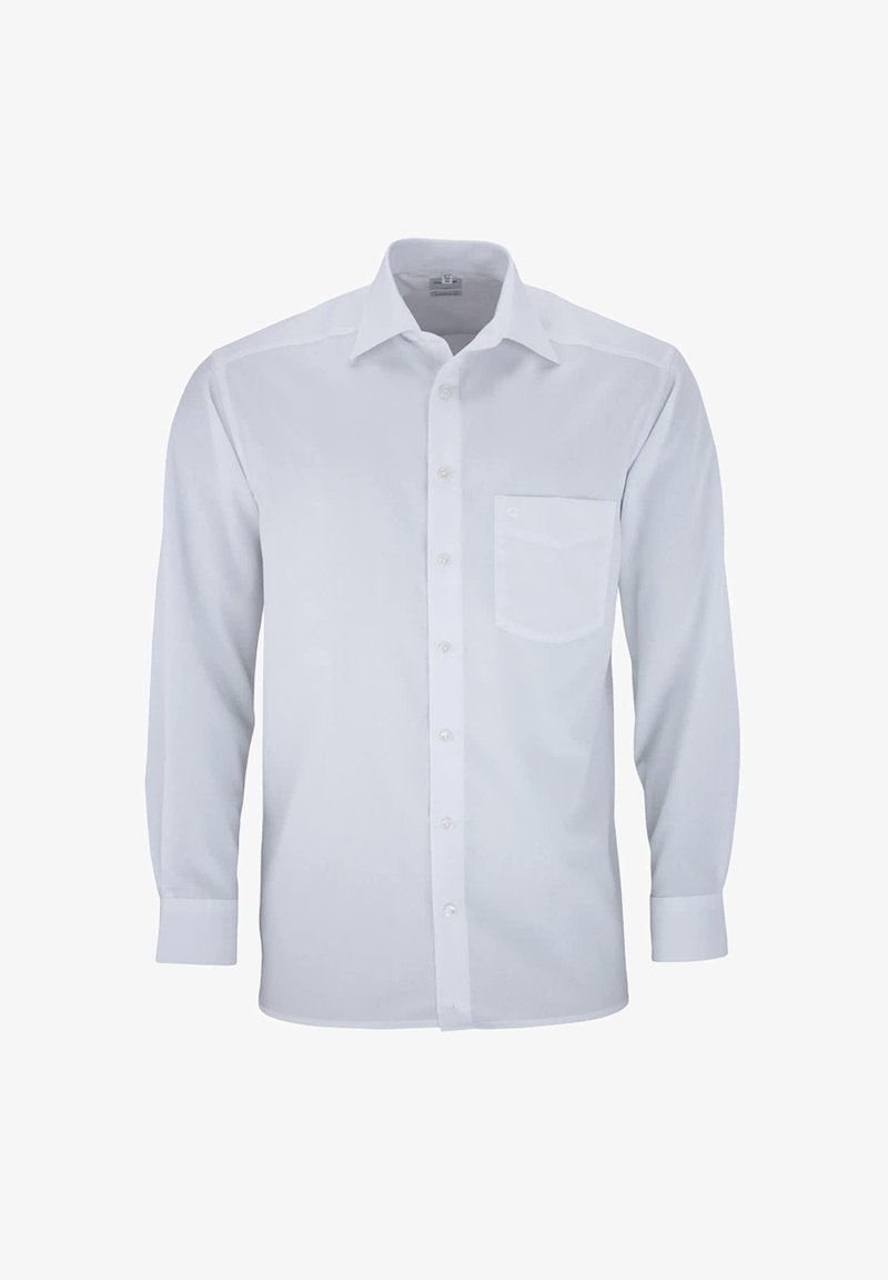 Witte lange mouwen blouse met een enkele borstzak, klassieke kraag en een gladde textuur. Heeft een gestroomlijnd ontwerp en een knoopsluiting.