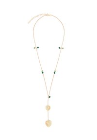 Naszyjnik w złotym odcieniu z dwoma zawieszkami w kształcie liści, ozdobiony zielonymi i turkusowymi geometrycznymi koralikami na delikatnym łańcuszku.