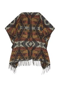 Muster-Poncho in warmen Farben, mit geometrischen Formen und fransigen Kanten. Hergestellt aus einem weichen Material mit strukturierter Optik.