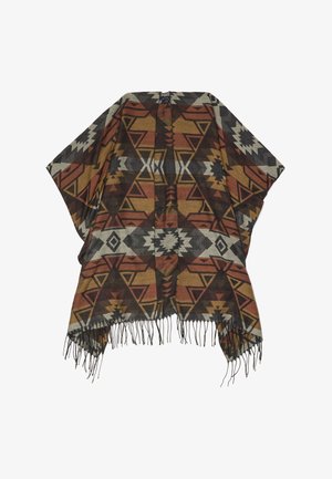 Poncho à motifs dans des couleurs chaudes, présentant des formes géométriques et des bords frangés. Fabriqué dans un matériau doux avec une apparence texturée.