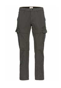 Graue Cargo-Hosen aus strapazierfähigem Material, mit mehreren Taschen, einem schmalen Schnitt und leichten Nähakzenten.