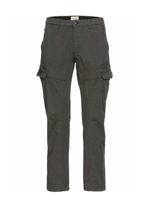 Graue Cargo-Hosen aus strapazierfähigem Material, mit mehreren Taschen, einem schmalen Schnitt und leichten Nähakzenten.