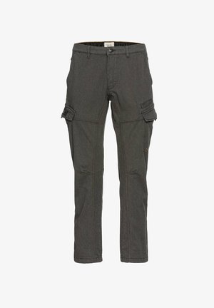 Graue Cargo-Hosen aus strapazierfähigem Material, mit mehreren Taschen, einem schmalen Schnitt und leichten Nähakzenten.