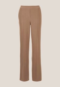 Beige op maat gemaakte broek met een vlakke tailleband, een rechte pijp en een gladde textuur. Bevat twee verticale plooien aan de voorkant.