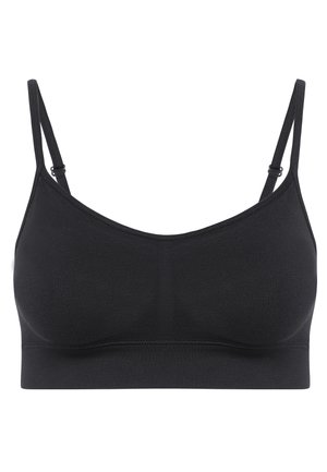 Bralette nera realizzata in tessuto liscio ed elastico. Presenta spalline sottili regolabili e una fascia ampia per il supporto. Design semplice, senza chiusure visibili.