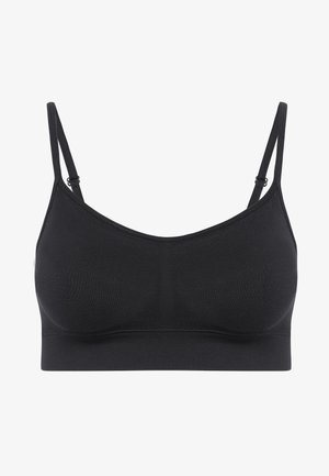 Bralette nera realizzata in tessuto liscio ed elastico. Presenta spalline sottili regolabili e una fascia ampia per il supporto. Design semplice, senza chiusure visibili.