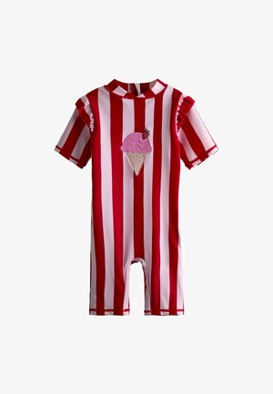 Peto para bebé a rayas verticales rojas y blancas, con mangas cortas y un bordado de un cono de helado rosa con una fresa en el pecho.