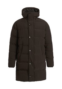 Giacca imbottita marrone con cappuccio, design trapuntato, bottoni frontali e tasche laterali. Tessuto liscio e lunghezza a metà coscia.