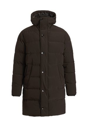 Braune Steppjacke mit Kapuze, kreuzstichähnlichem Design, Vorderknöpfen und seitlichen Taschen. Glatte Textur und mittellange Länge bis zur Mitte des Oberschenkels.