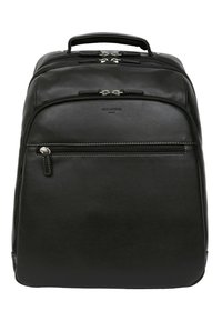 Zaino in pelle nera con superficie testurizzata, compartimenti doppi con zip, tasca frontale e maniglia superiore per un facile trasporto.