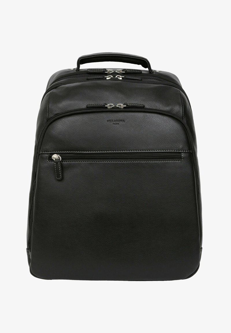Sac à dos en cuir noir avec une surface texturée, deux compartiments zippés, une poche avant et une poignée supérieure pour un transport facile.