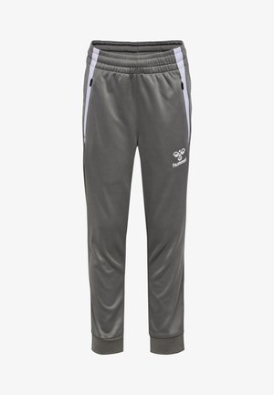 Pantalons de sport gris avec taille élastique, poches latérales et accents blancs. Fabriqués en tissu lisse et léger. Présence d'un logo à l'avant.