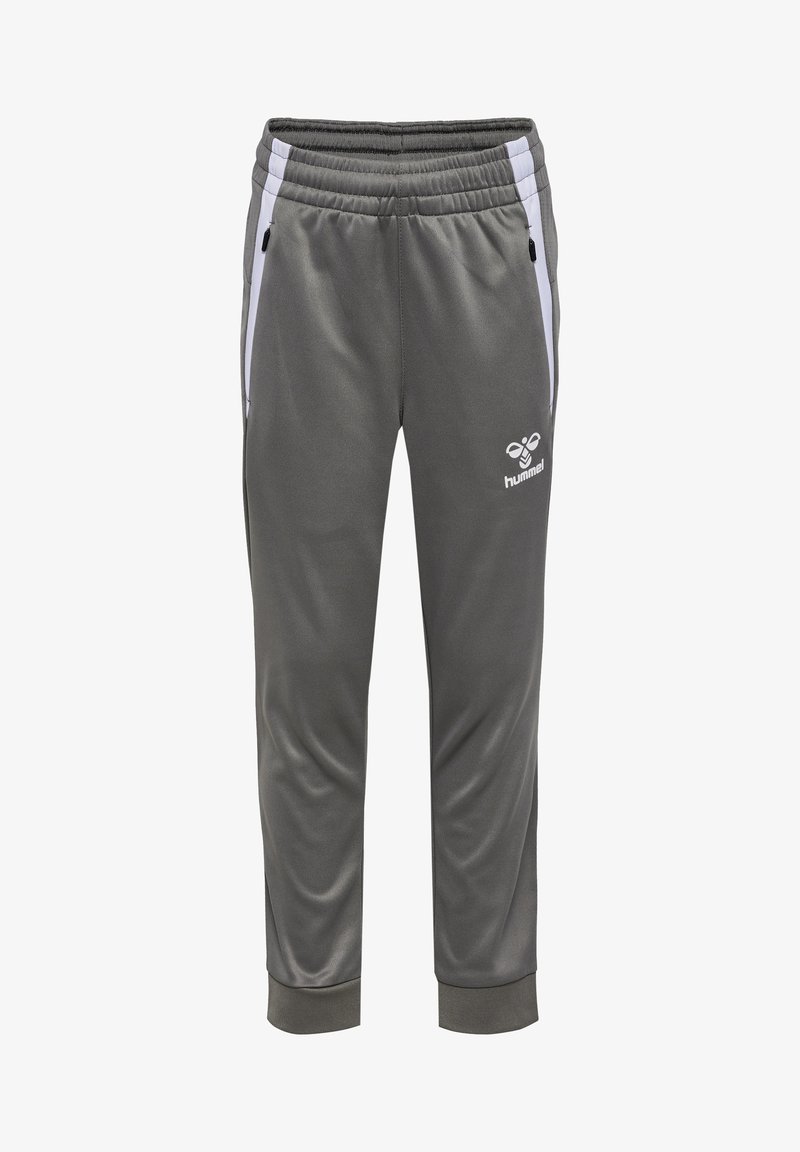 Grijze sportbroek met elastische tailleband, zijzakken en witte accenten. Gemaakt van gladde, lichte stof. Bevat logo op de voorkant.