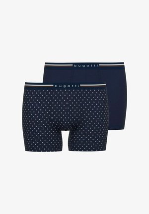 Zwei Paar Herren-Boxershorts in Marineblau, eines in einfarbigem Design und eines mit kleinen quadratischen Mustern, beide mit Bugatti-Logo am Bund.