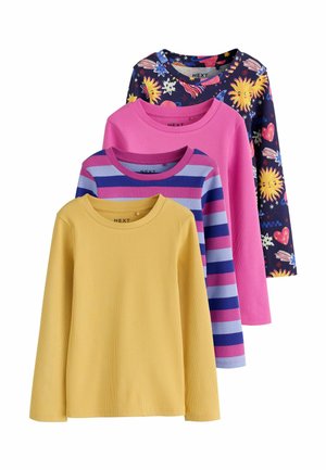 Fire børnetrøjer med lange ærmer i gule, lilla og pink striber, ensfarvet pink og navy med farverige sol- og hjerteprint.