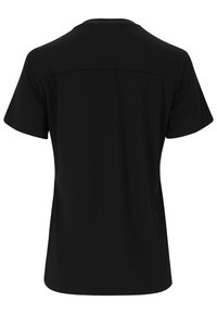 Black short-sleeve T-shirt with a crew neck, smooth texture, and a simple design. Features a seam across the upper back.