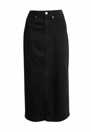 Černá denimová midi sukně s rovný střih, předním rozparkem a předním zapínáním na knoflíky. Obsahuje dvě boční kapsy a minimalisticé švy.