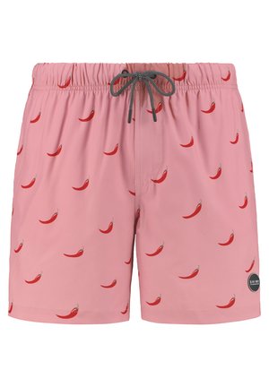 Rózsaszín fürdőnadrág, ismétlődő chili paprika mintával. Rugalmas derékpánt húzózsinórral, tartós anyag, oldalsó logóval ellátott folt.