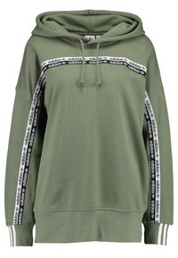 Olive green hoodie made of soft fabric, featuring a drawstring hood, black and white Adidas logo tape on sleeves, and striped cuffs.