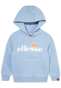 Sweat à capuche bleu clair avec une poche avant, des poignets et un ourlet côtelés. Présente un logo blanc imprimé sur la poitrine et une capuche à cordon.
