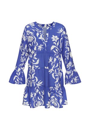 Blaues Blumenkleid mit weißen Mustern, das einen runden Ausschnitt, lange Glockenärmel und ein geschichtetes Rockdesign aufweist. Hergestellt aus leichtem Stoff.