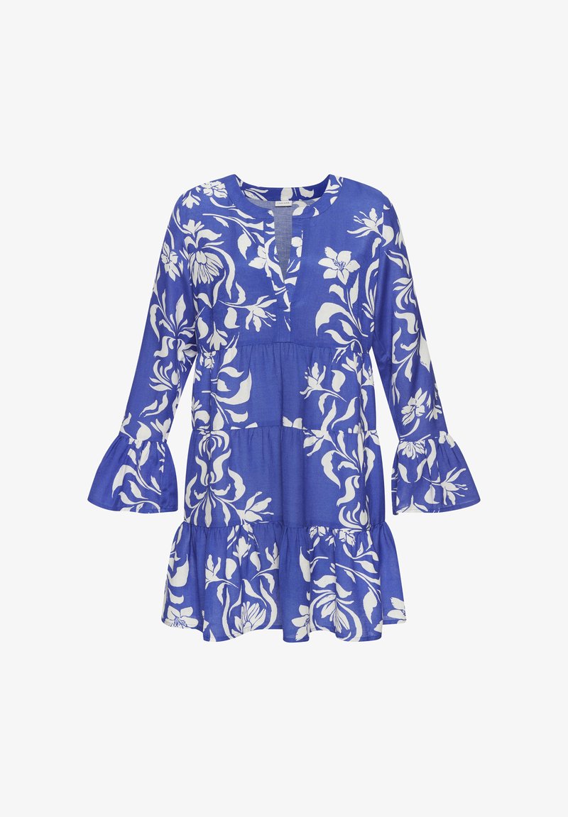 Blaues Blumenkleid mit weißen Mustern, das einen runden Ausschnitt, lange Glockenärmel und ein geschichtetes Rockdesign aufweist. Hergestellt aus leichtem Stoff.