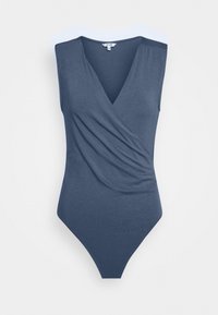 Body navy blu con scollo a V, design senza maniche e dettagli arricciati in vita. Realizzato in un tessuto liscio e elasticizzato.
