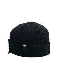 Berretto in maglia nera con texture a coste, risvolto e una piccola etichetta di marca sul lato. Parte superiore arrotondata con design senza cuciture.