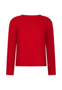 Rode geribde trui met een ronde hals en lange mouwen. Glad textuur en een boxy ontwerp, met een effen kleur zonder patronen of accenten.