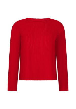 Rode geribde trui met een ronde hals en lange mouwen. Glad textuur en een boxy ontwerp, met een effen kleur zonder patronen of accenten.