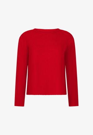 Rode geribde trui met een ronde hals en lange mouwen. Glad textuur en een boxy ontwerp, met een effen kleur zonder patronen of accenten.
