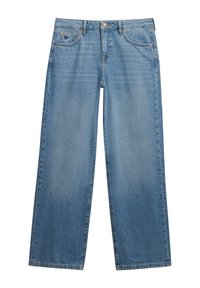 Jasnoniebieskie dżinsy straight-leg z przednimi kieszeniami i kieszonką na monety, z zapięciem na guzik i widocznymi detalami szwów.