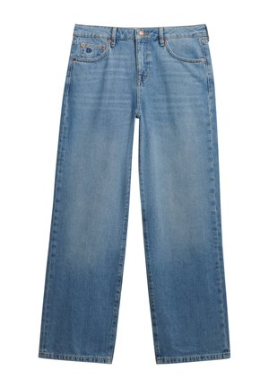 Lyseblå denim jeans med lige ben, front- og møntlommer, knaplukning og synlige stikninger.