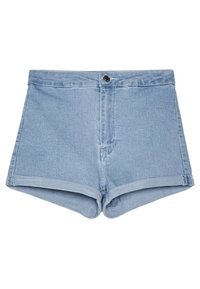 Ljusblå denimshorts med hög midja, rullade fållar, en enda frontknapp och en klassisk femfickorsdesign.