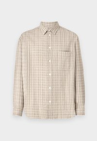 Camisa de botones en beige claro, con un patrón de cuadros, mangas largas, un bolsillo en el pecho y un diseño de cuello regular.