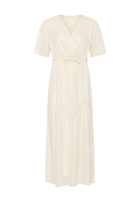 Cream-colored maxi dress with a wrap design, short sleeves, a tie waist, and tiered skirt made from a textured, slightly shimmering fabric.