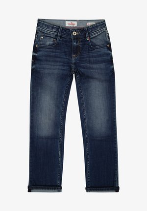 Jean en denim bleu foncé délavé avec poches à l’avant, fermeture par boutons et coutures visibles, légèrement replié aux poignets.