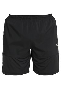 Czarne sportowe szorty wykonane z lekkiego materiału, z elastycznym pasem, bocznymi panelami oraz małym odblaskowym logo na dolnej lewej stronie.