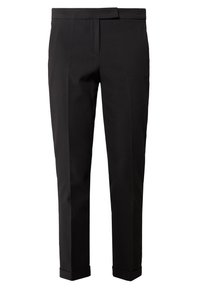 Svarta skräddarsydda byxor med en slät yta, slim fit, två sidfickor och fållad nederkant. Tillverkade av ett lätt material.