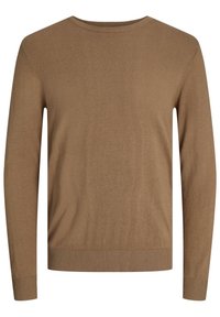 Pull en maille marron avec un col rond, des manches longues et des poignets et un bas côtelés. Texture lisse avec une finition uniforme.