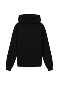 Zwarte hoodie van katoen met een ruime capuchon, ribgebreide manchetten en een gedrukt logo in teal op de borst. Heeft een relaxte pasvorm.