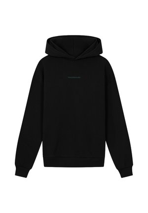 Zwarte hoodie van katoen met een ruime capuchon, ribgebreide manchetten en een gedrukt logo in teal op de borst. Heeft een relaxte pasvorm.