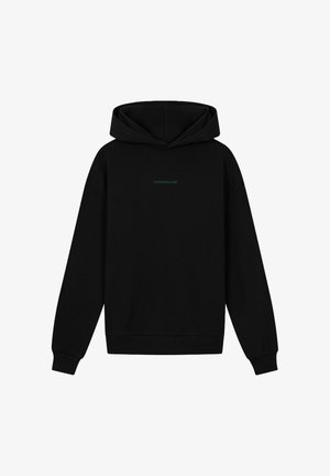 Black hoodie made of cotton with a spacious hood, ribbed cuffs, and a printed logo in teal on the chest. Features a relaxed fit.