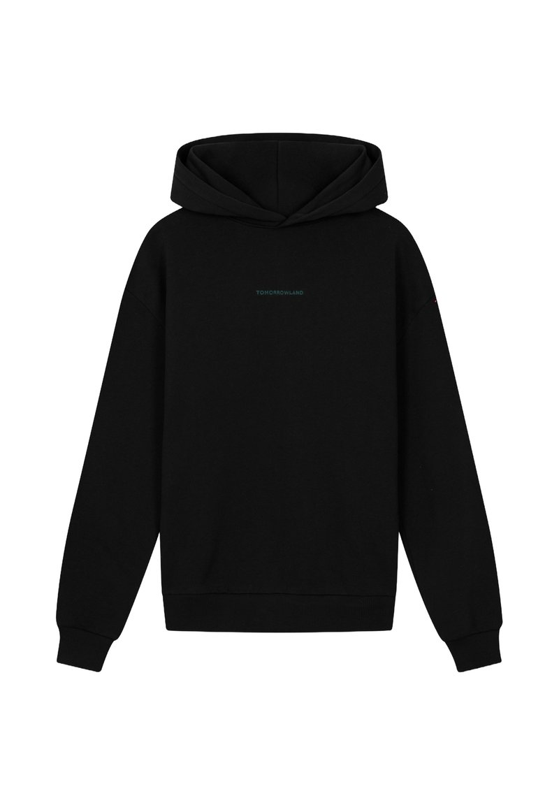 Zwarte hoodie van katoen met een ruime capuchon, ribgebreide manchetten en een gedrukt logo in teal op de borst. Heeft een relaxte pasvorm.