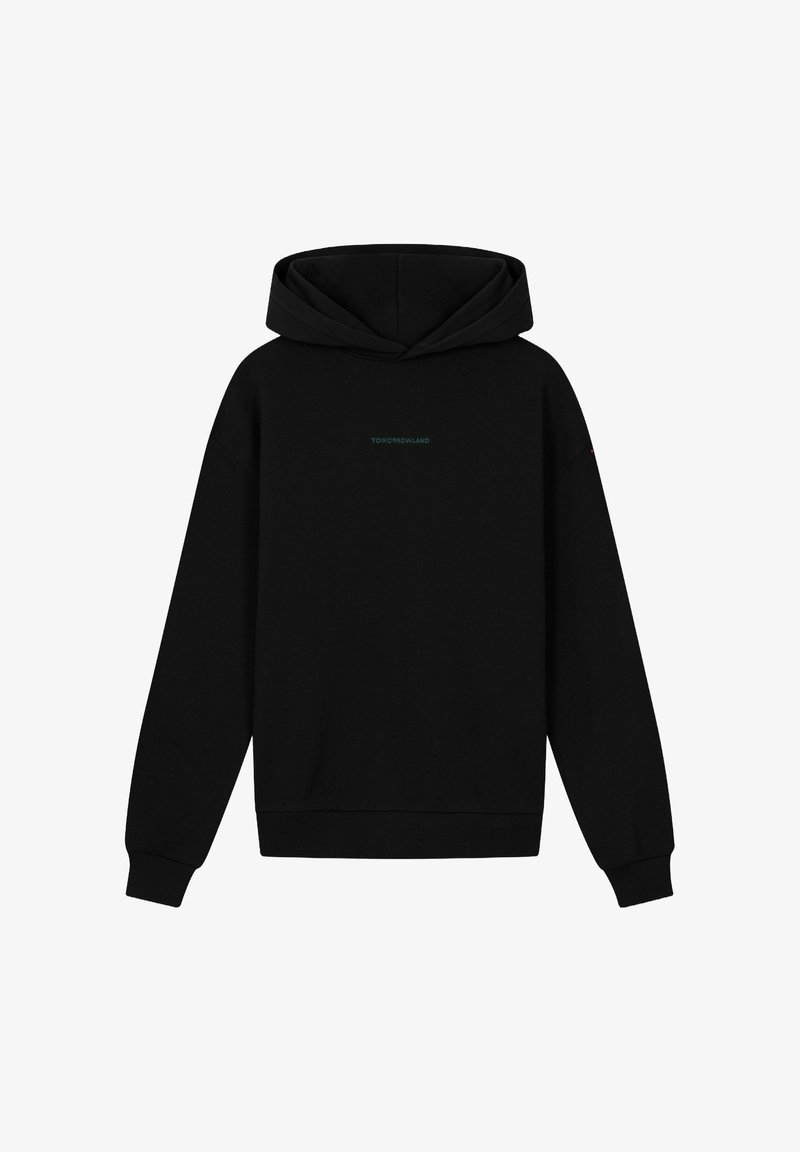 Zwarte hoodie van katoen met een ruime capuchon, ribgebreide manchetten en een gedrukt logo in teal op de borst. Heeft een relaxte pasvorm.