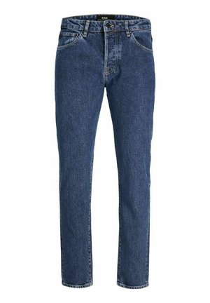 Dunkelblaue Denim-Jeans mit geradem Schnitt, ausgestattet mit einem klassischen F�ünf-Taschen-Design, Kupferriegeln und einem Knopfverschluss.